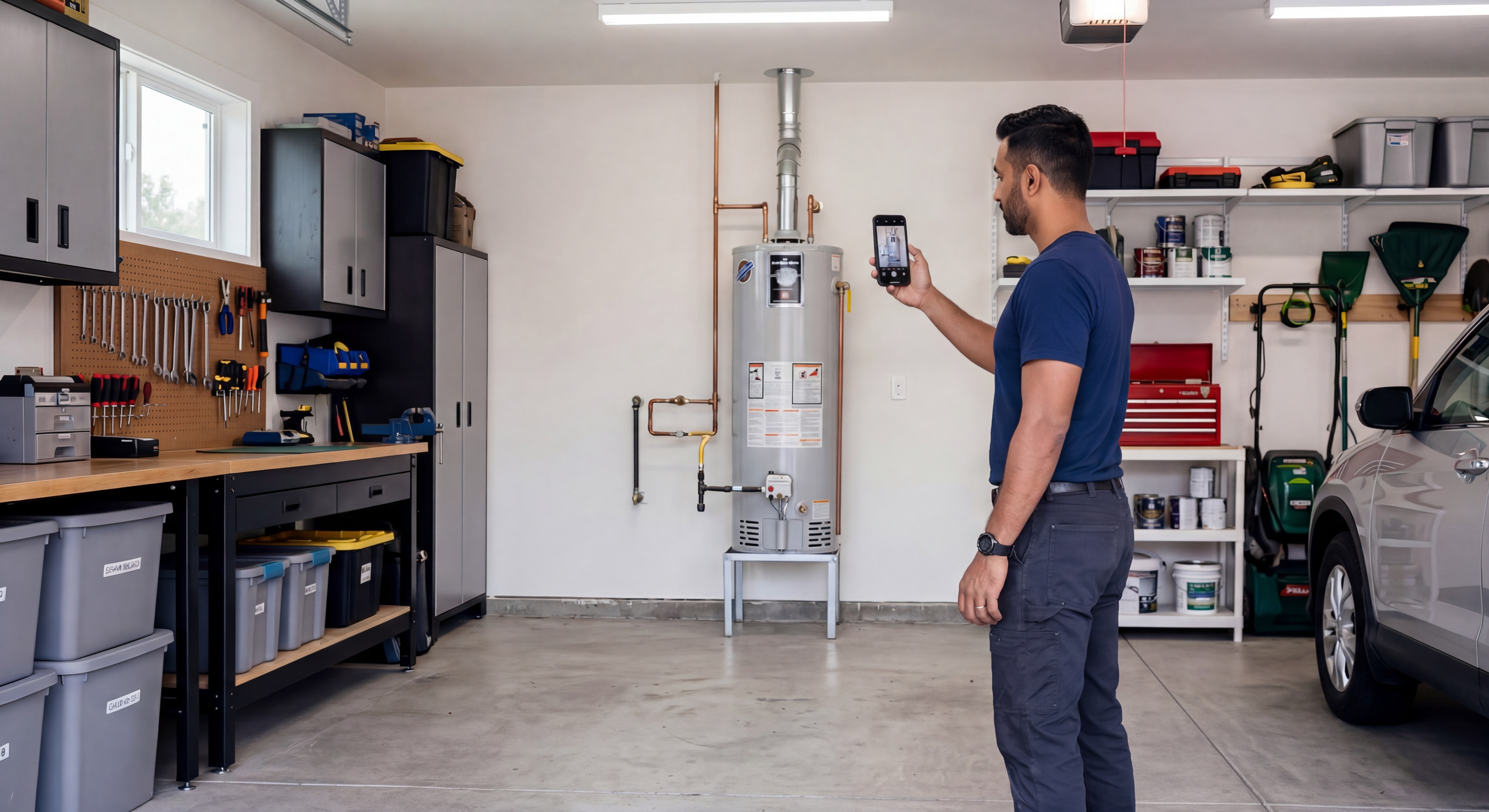 Man photographing a water heater in a garage with Bevel app